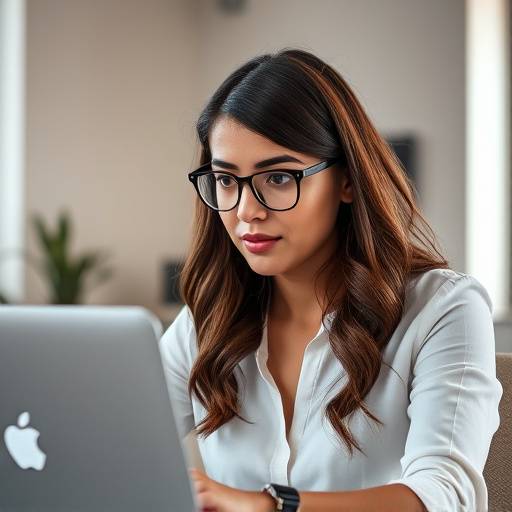 Foto van Aisha Khan, Senior Web Developer bij Innovatie Studio, met een geconcentreerde uitdrukking en een laptop.