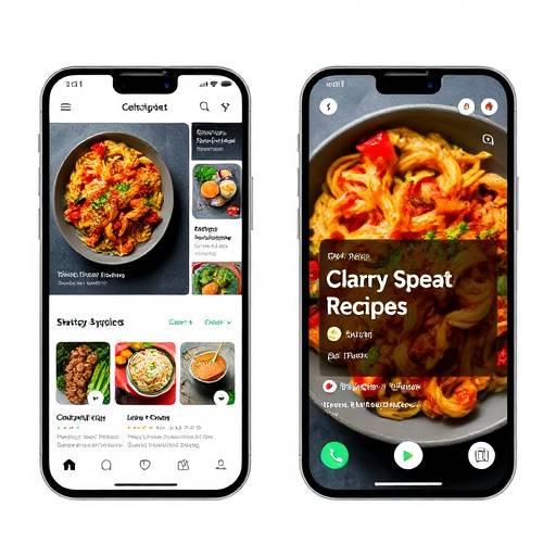 Visuele presentatie van de mobiele app 'Culinaire Ontdekker', met afbeeldingen van recepten en interactieve elementen.